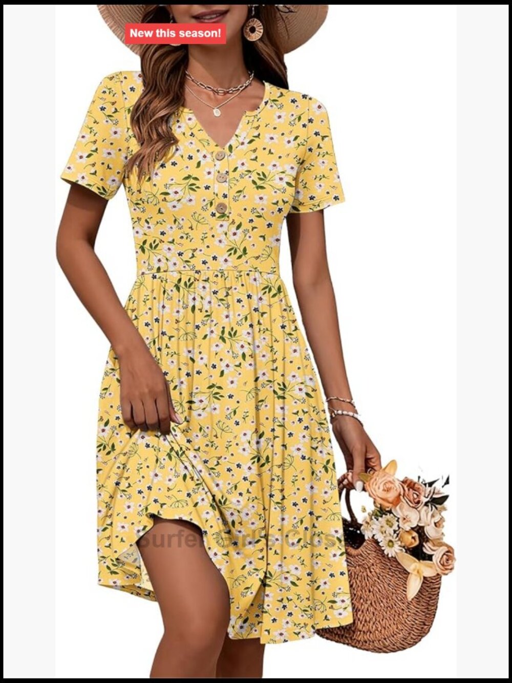 WNEEDU V Neck Button Down Empire Waist Midi Summer Dress with Pockets